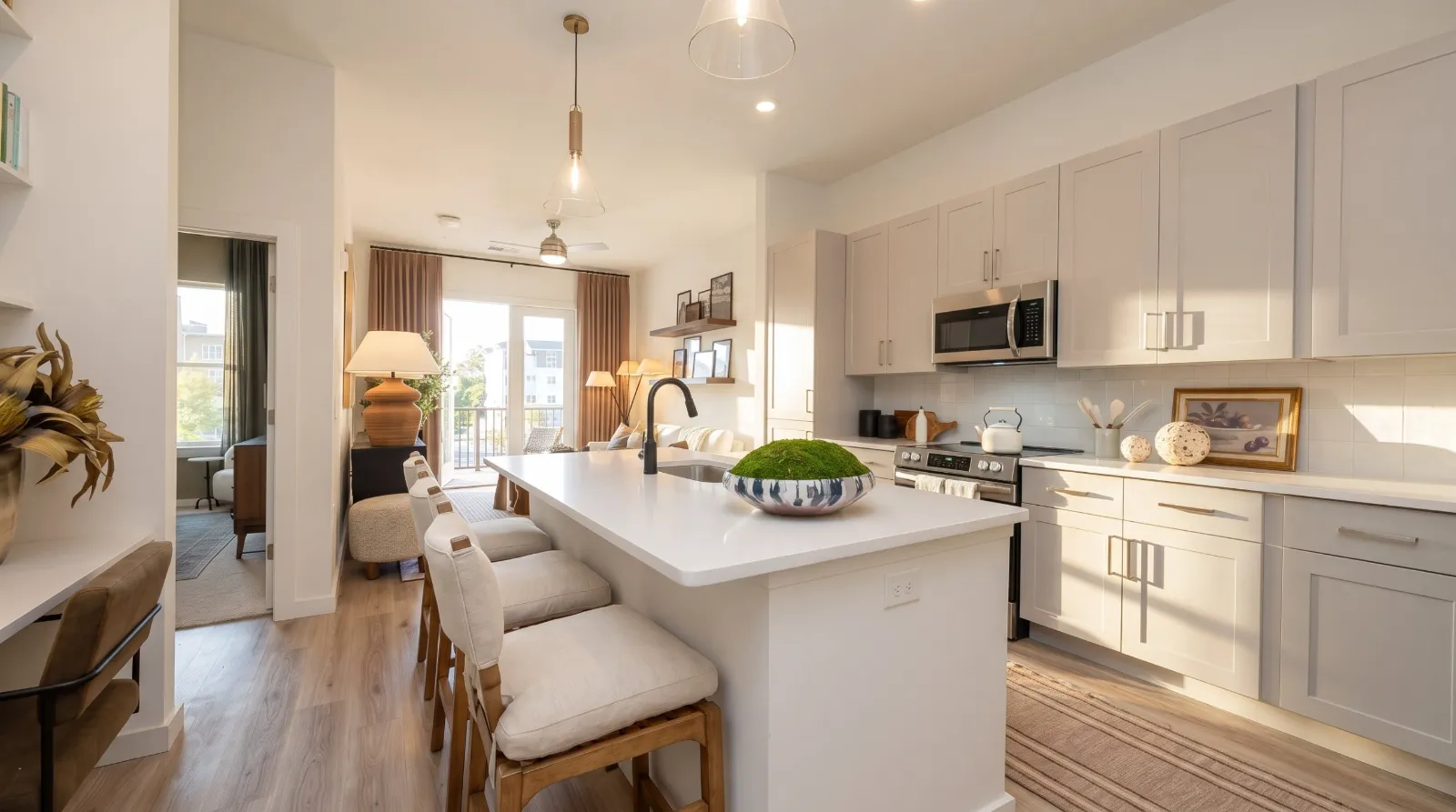 A sunlit kitchen with a white quartz island and linen counter stools, pale shaker cabinets, and the living room and bedroom visible through the doorway beyond
